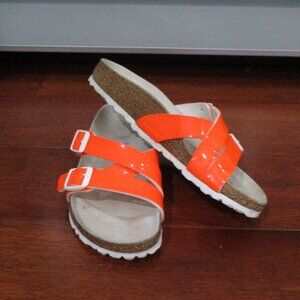 Birkenstock Orange Patent White Buckle Sandals